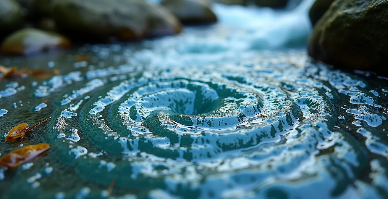 Vue macro détaillée des tourbillons et remous dans une vasque naturelle