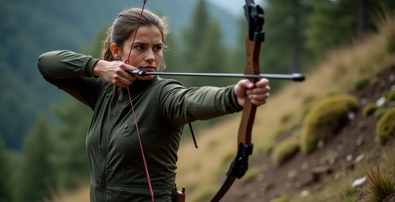 Archer en position de tir en dévers montrant l'alignement biomécanique parfait