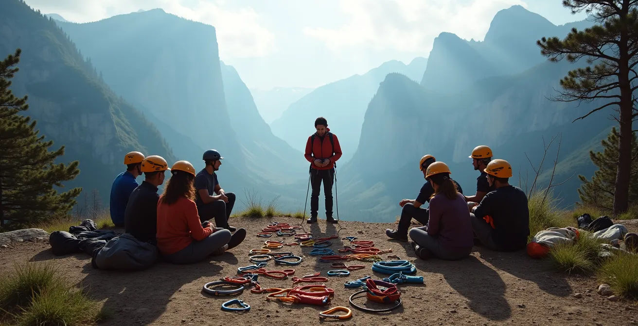 Guide de montagne effectuant un briefing de sécurité détaillé avec son groupe