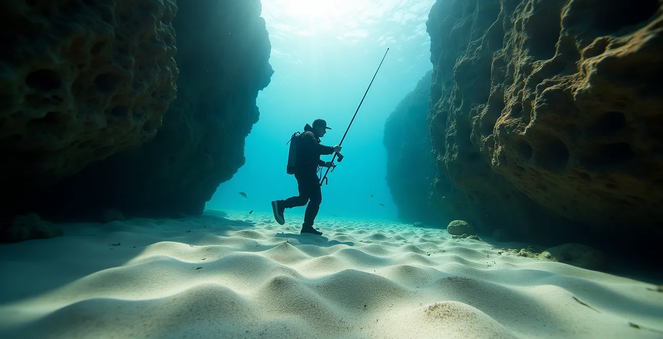 Chasseur sous-marin immobile en position d'agachon entre deux rochers
