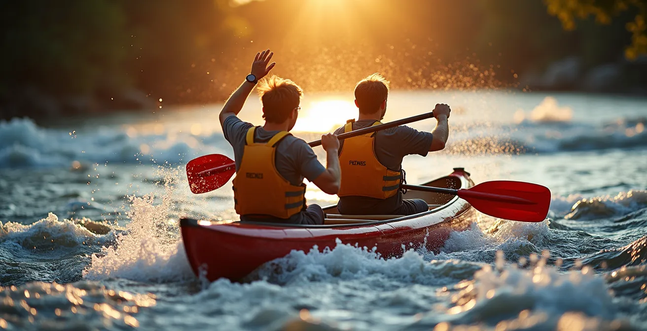 Équipe de canoë biplace utilisant des signes manuels dans un rapide