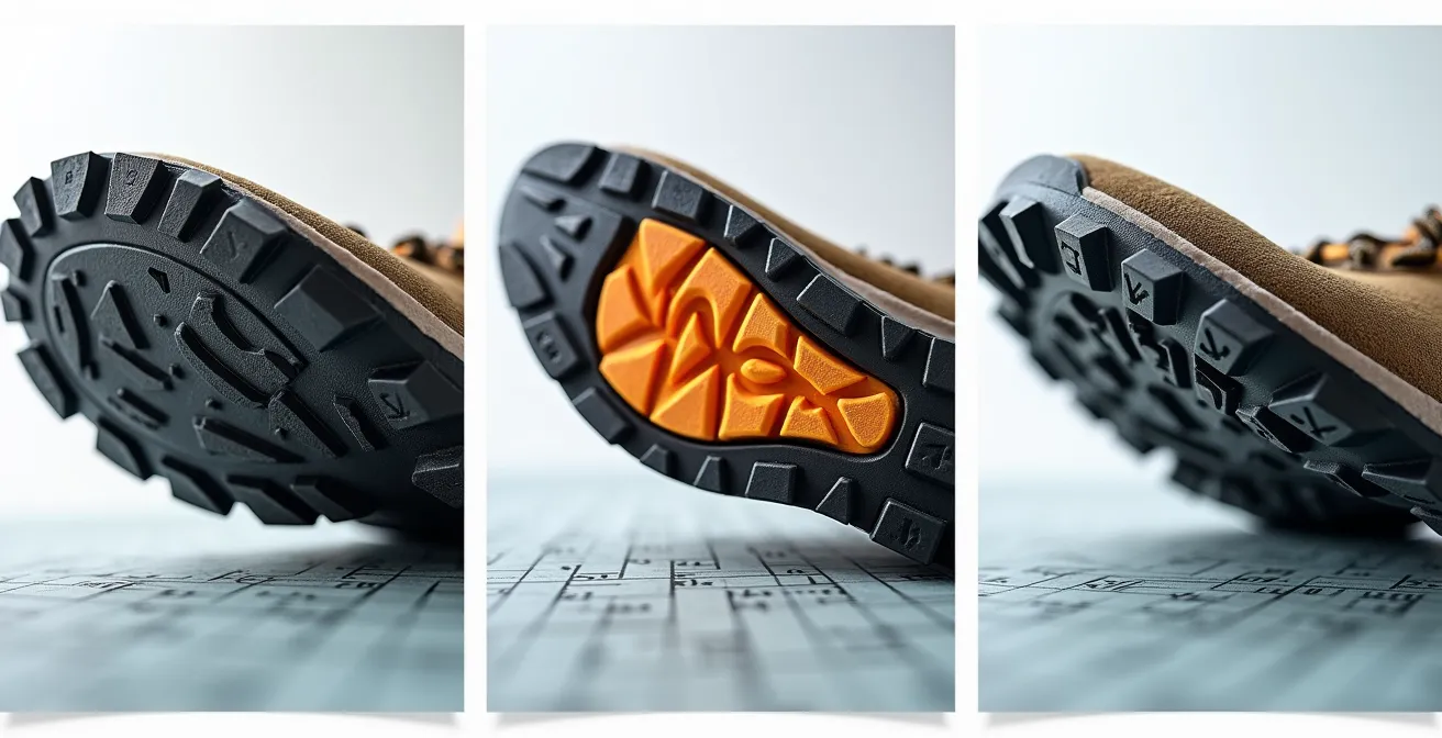 Comparaison visuelle de différents types de semelles de chaussures de randonnée