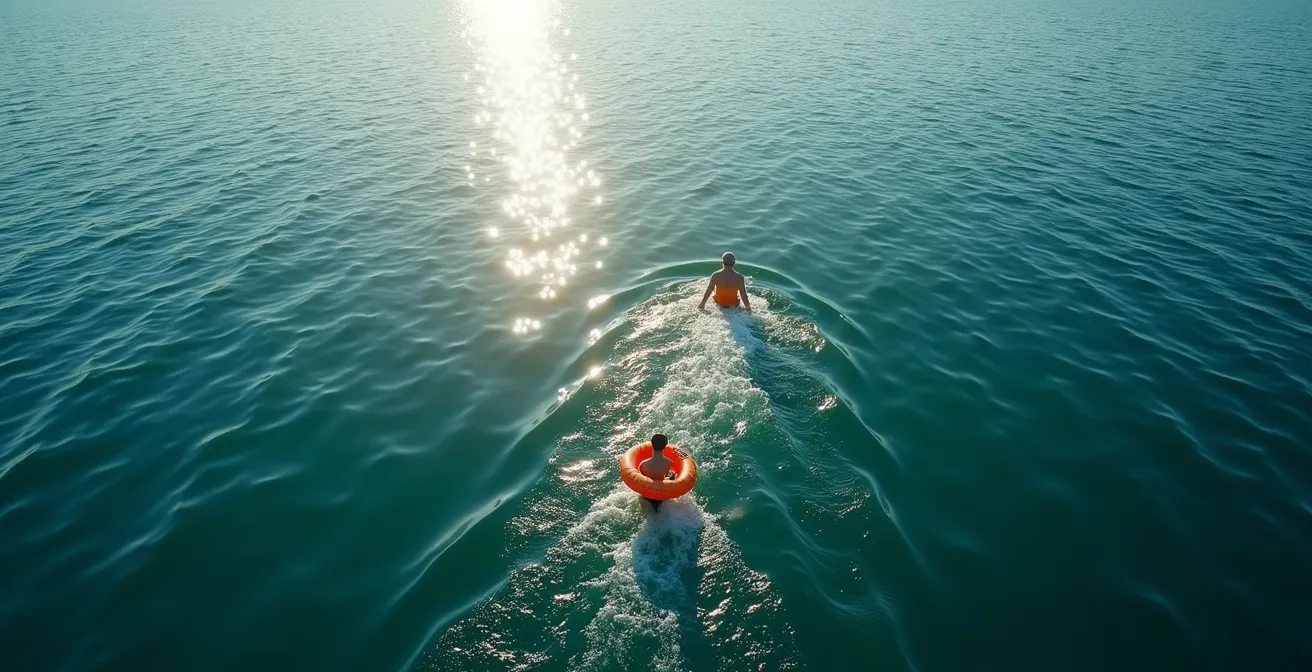 Vue aérienne de deux nageurs en mer, l'un avec bouée orange visible, l'autre avec bonnet difficile à distinguer