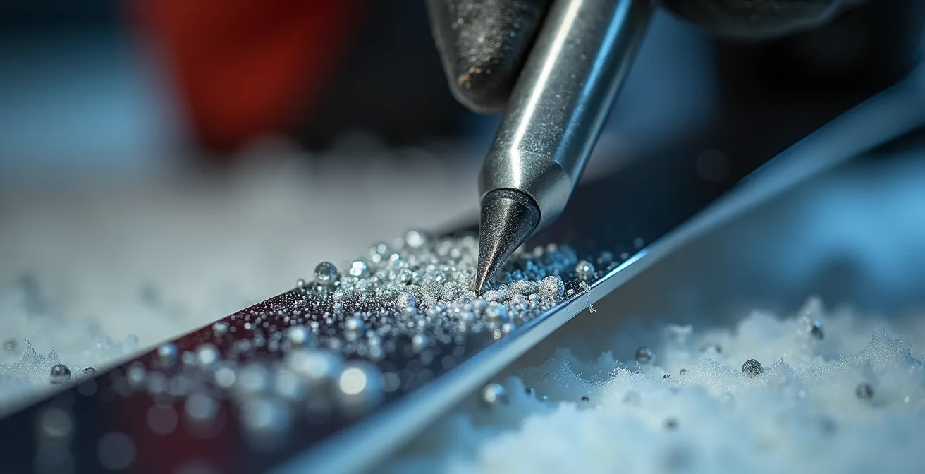 Vue macro des détails d'entretien d'équipement sportif avec outils professionnels