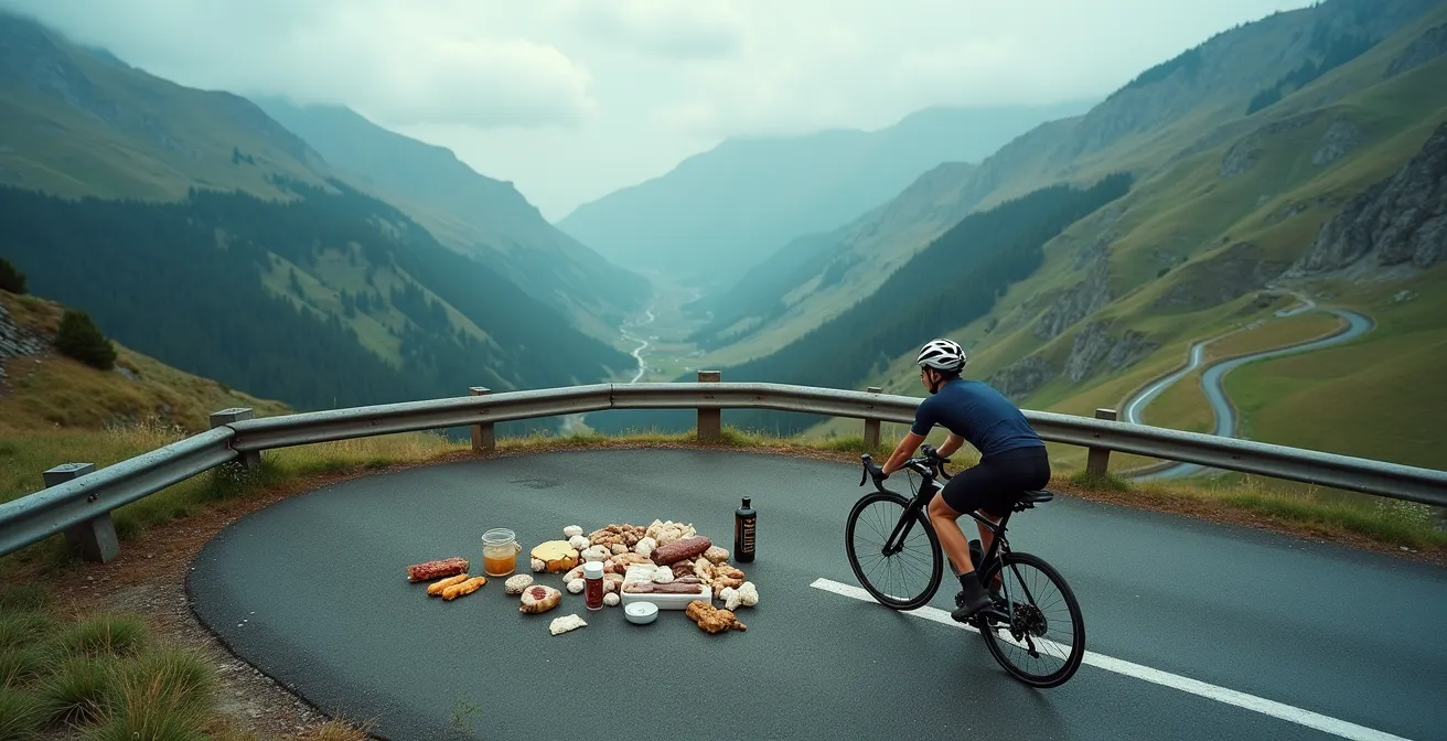 Cycliste s'alimentant pendant une sortie longue distance avec différents types de nutrition sportive