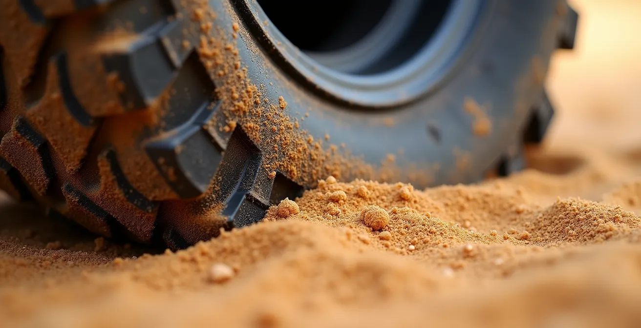 Gros plan macro sur un pneu 4x4 partiellement dégonflé s'enfonçant dans le sable avec déformation visible