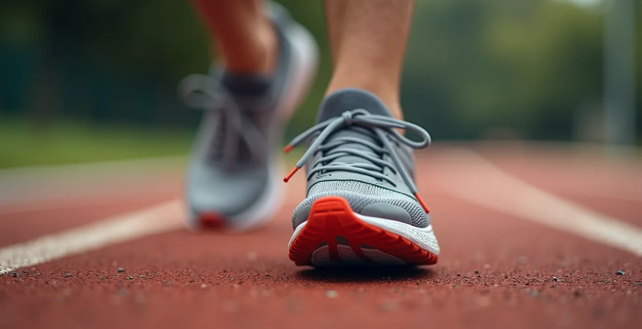 Gros plan sur le pied d'un marcheur sportif en phase de propulsion finale par le gros orteil