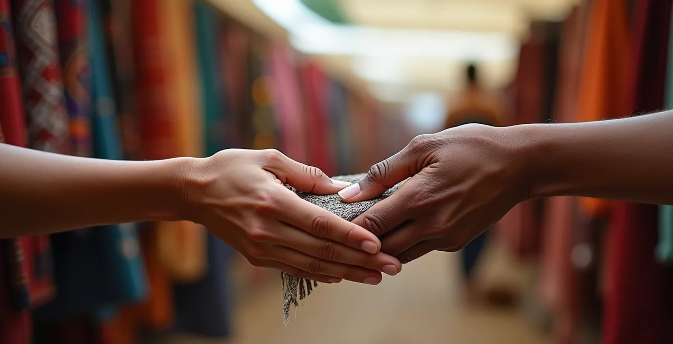 Interaction respectueuse entre voyageur et artisan local sur un marché de montagne