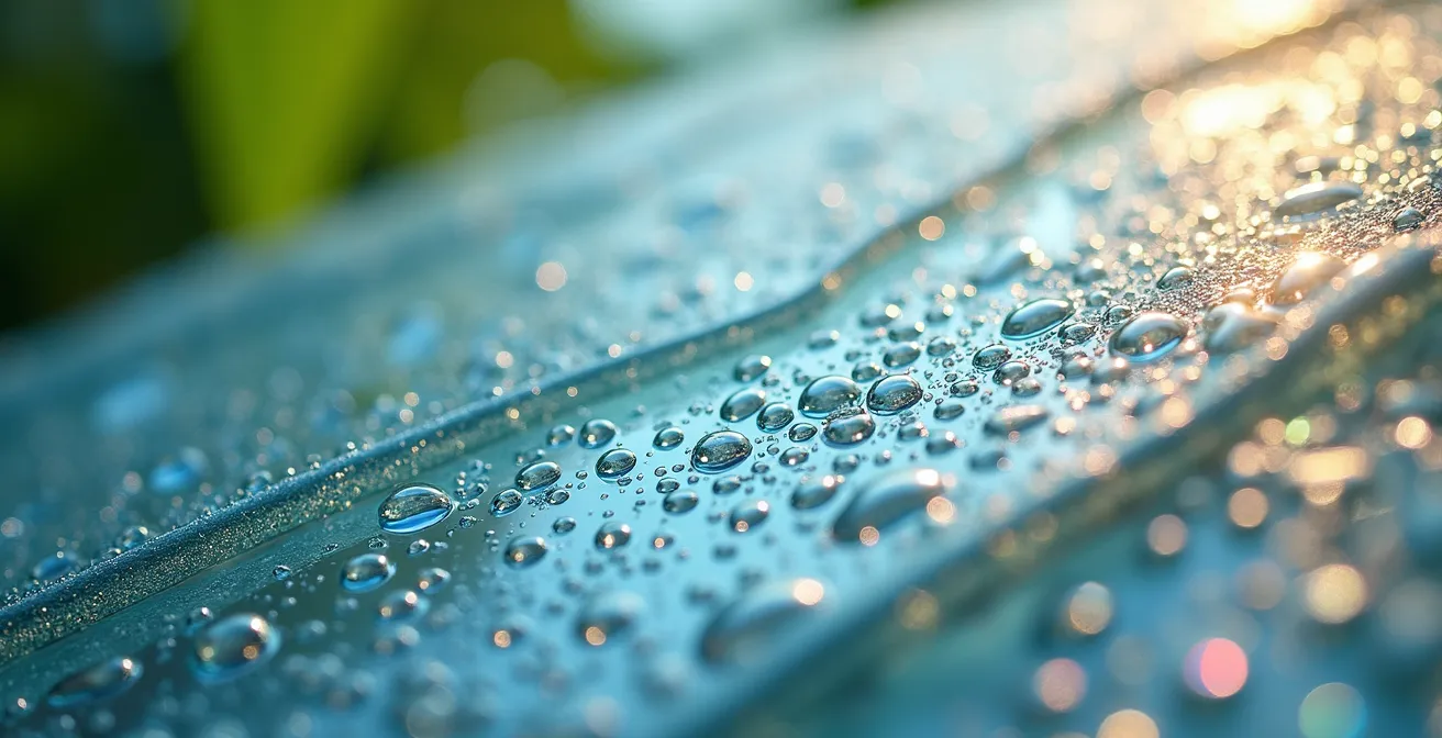 Vue macro d'une paroi de bulle transparente avec condensation et reflets de lumière intense
