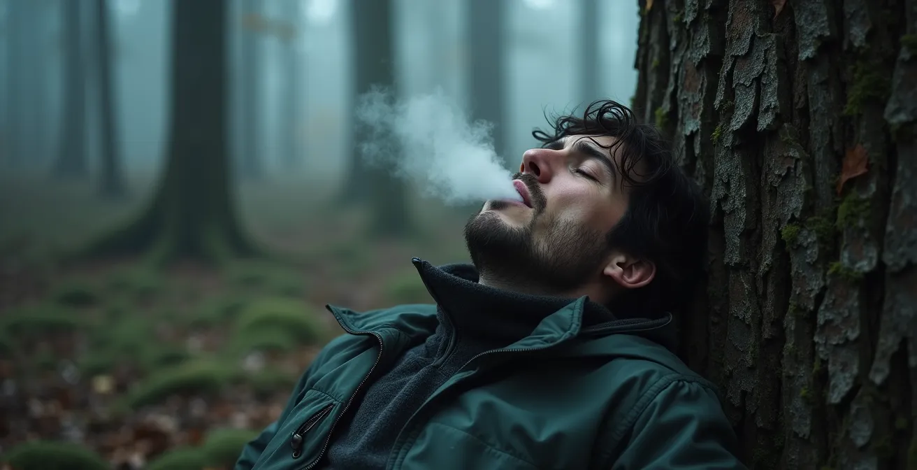 Personne épuisée assise contre un arbre en forêt, respirant de la vapeur dans l'air froid
