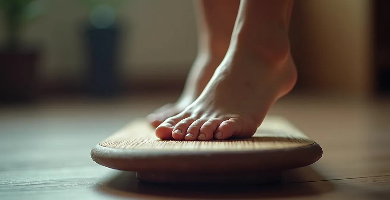 Athlète en position d'équilibre sur un pied, yeux fermés, pour l'entraînement proprioceptif