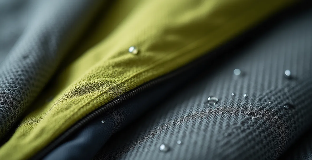 Vue macro sur les textures des vêtements techniques multicouches pour le vol en altitude