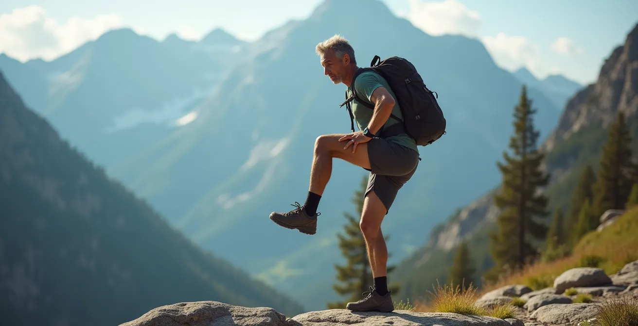 Randonneur pratiquant un exercice d'équilibre sur un pied en pleine nature