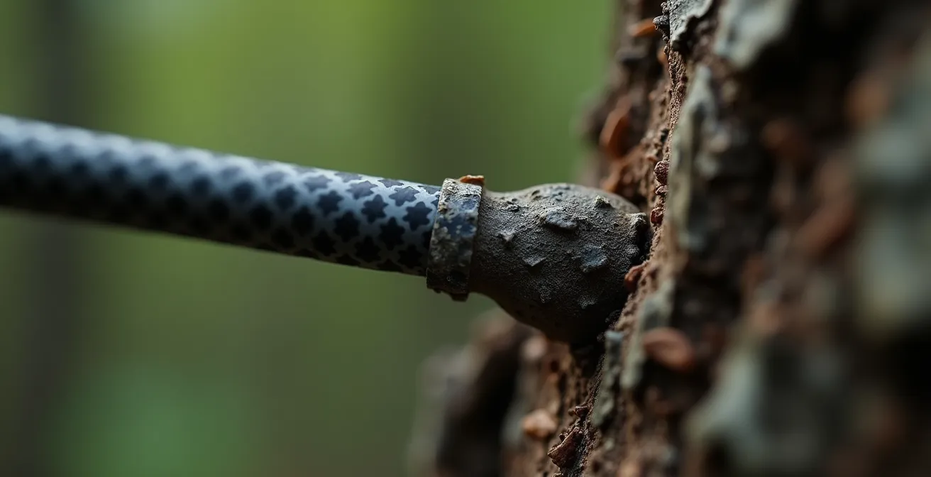 Gros plan macro sur une flèche carbone avec forêt floue en arrière-plan