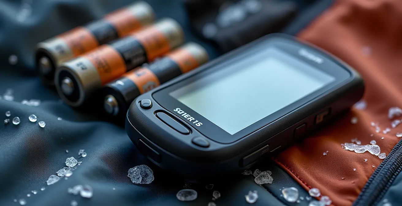 Gros plan sur un GPS de randonnée avec batteries de rechange dans un environnement hivernal