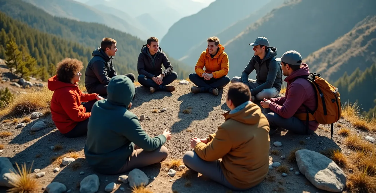Groupe de randonneurs en cercle lors d'une pause, montrant une dynamique de conversation équilibrée