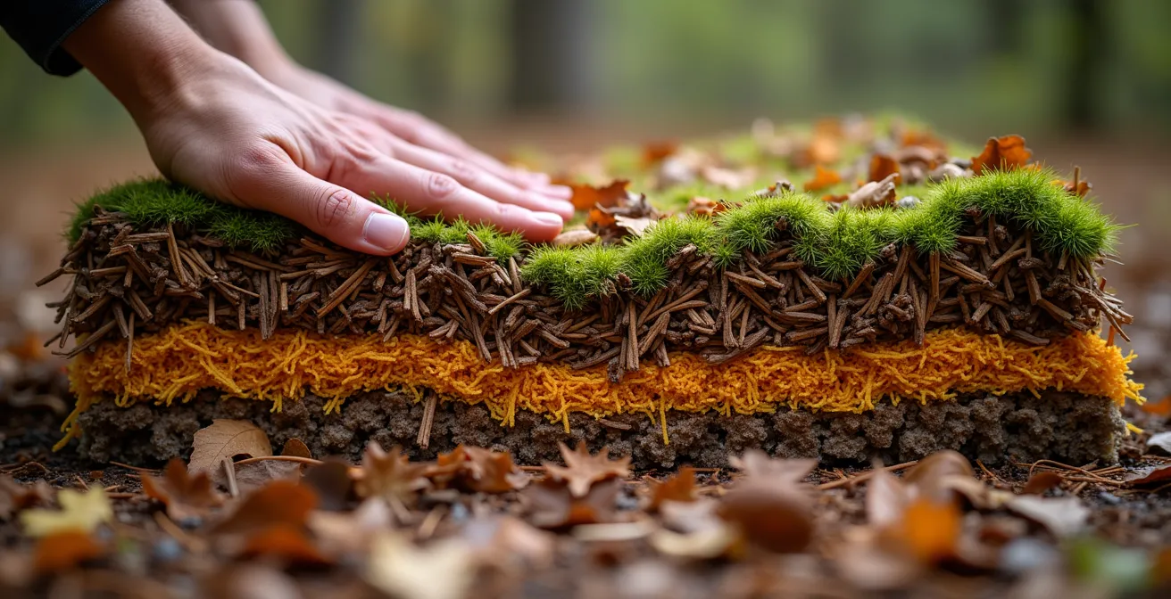 Matelas de feuilles mortes et d'aiguilles de pin créant une isolation thermique naturelle en forêt