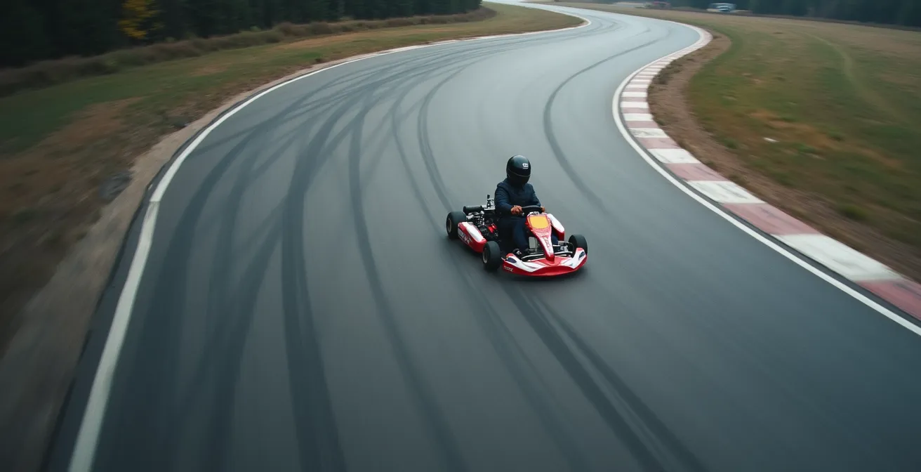 Vue aérienne minimaliste d'un kart en correction de sous-virage sur piste outdoor