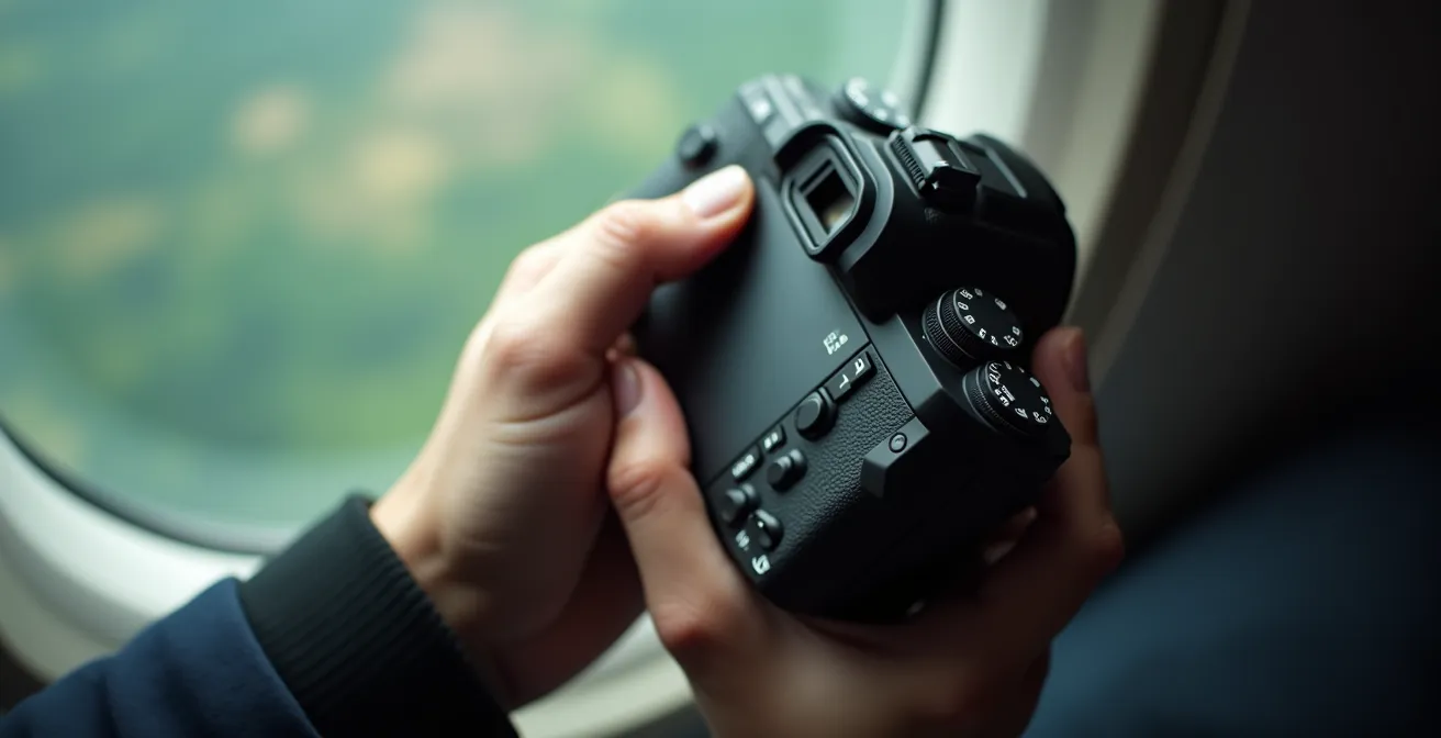 Main tenant un appareil photo près du hublot d'un avion avec vue aérienne floue en arrière-plan