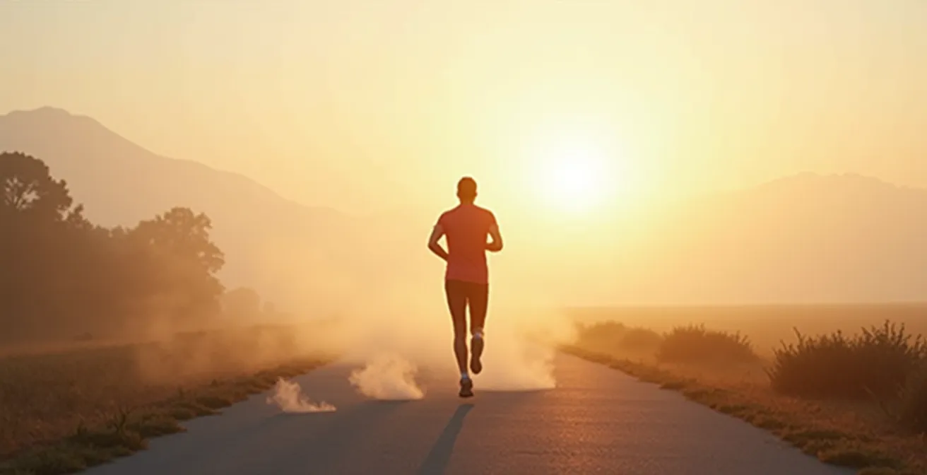 Marcheur sportif en plein effort montrant une respiration contrôlée et rythmée