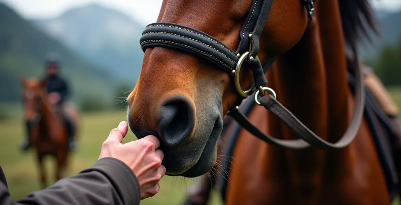 Gros plan sur la main d'un cavalier prenant le pouls de son cheval après une montée