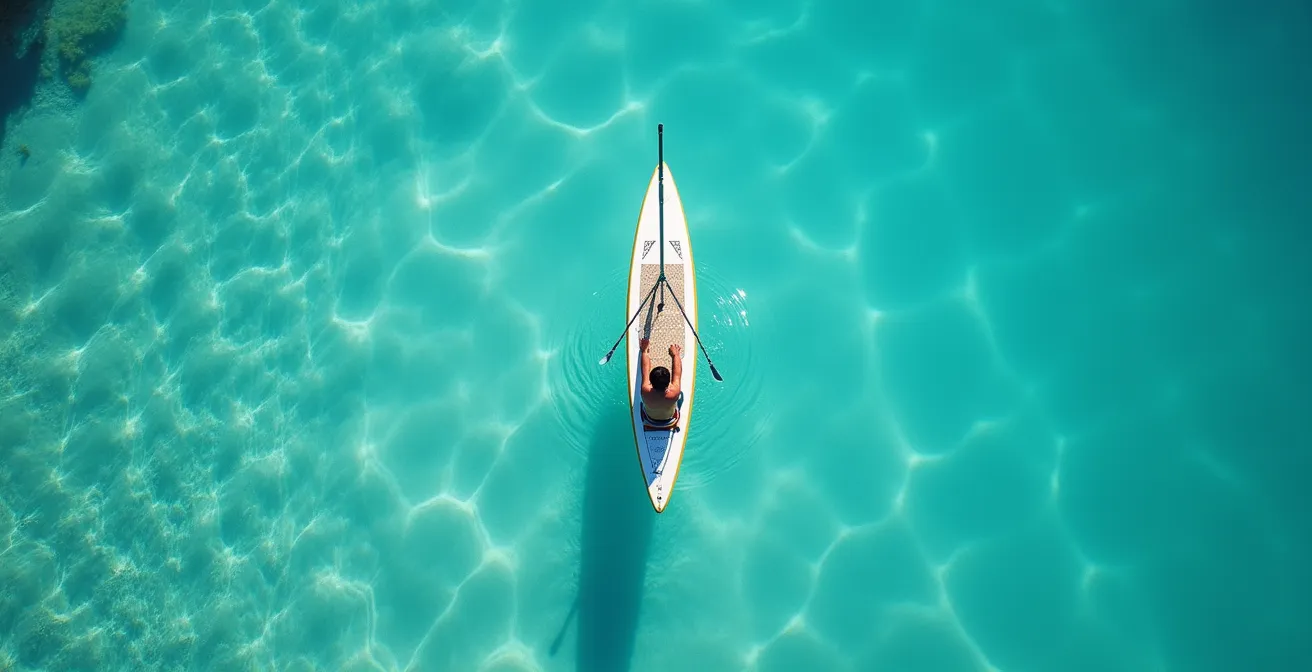 Vue aérienne d'une planche à voile orientée au travers du vent avec marqueurs visuels des angles