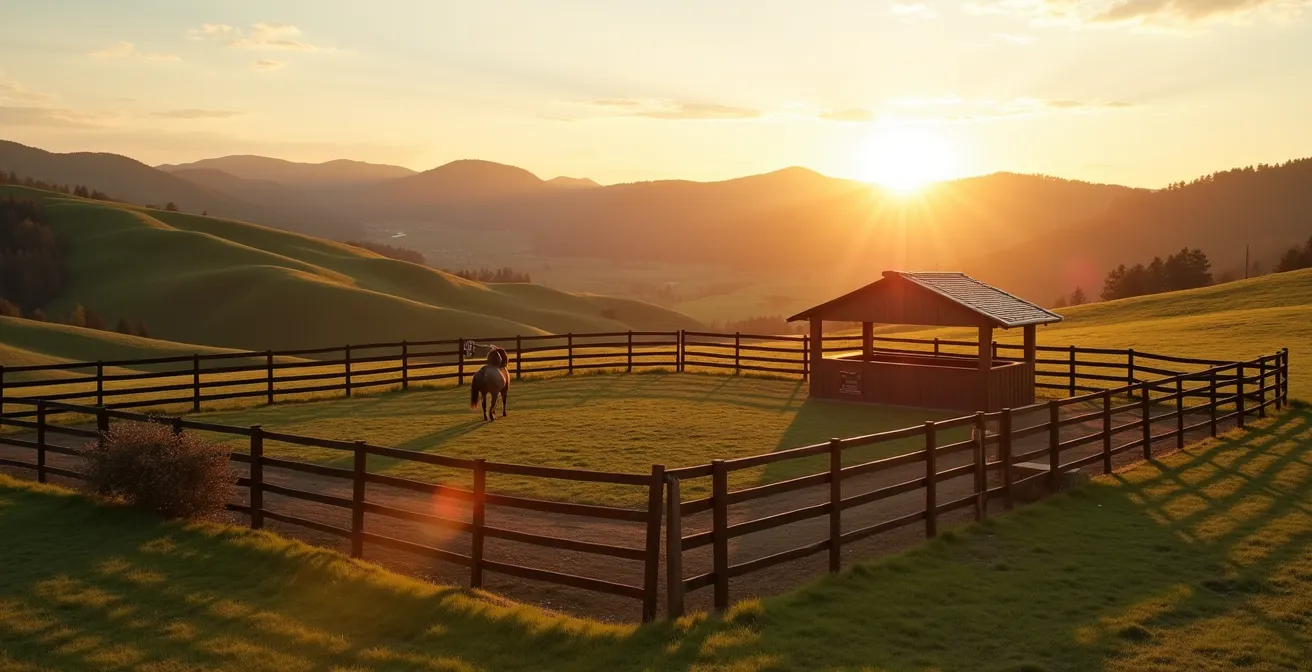 Vue d'ensemble d'un paddock équestre bien clôturé avec abreuvoir et abri