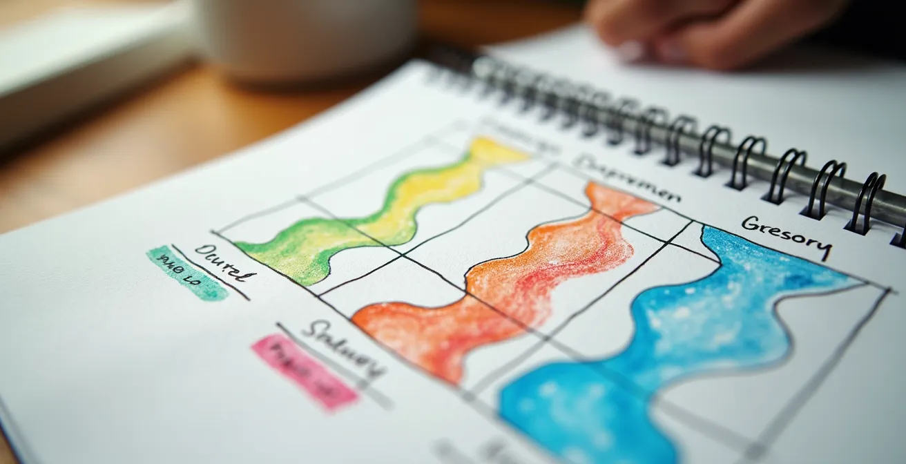 Vue macro d'un carnet de planification avec des cycles d'activités marqués en couleurs différentes