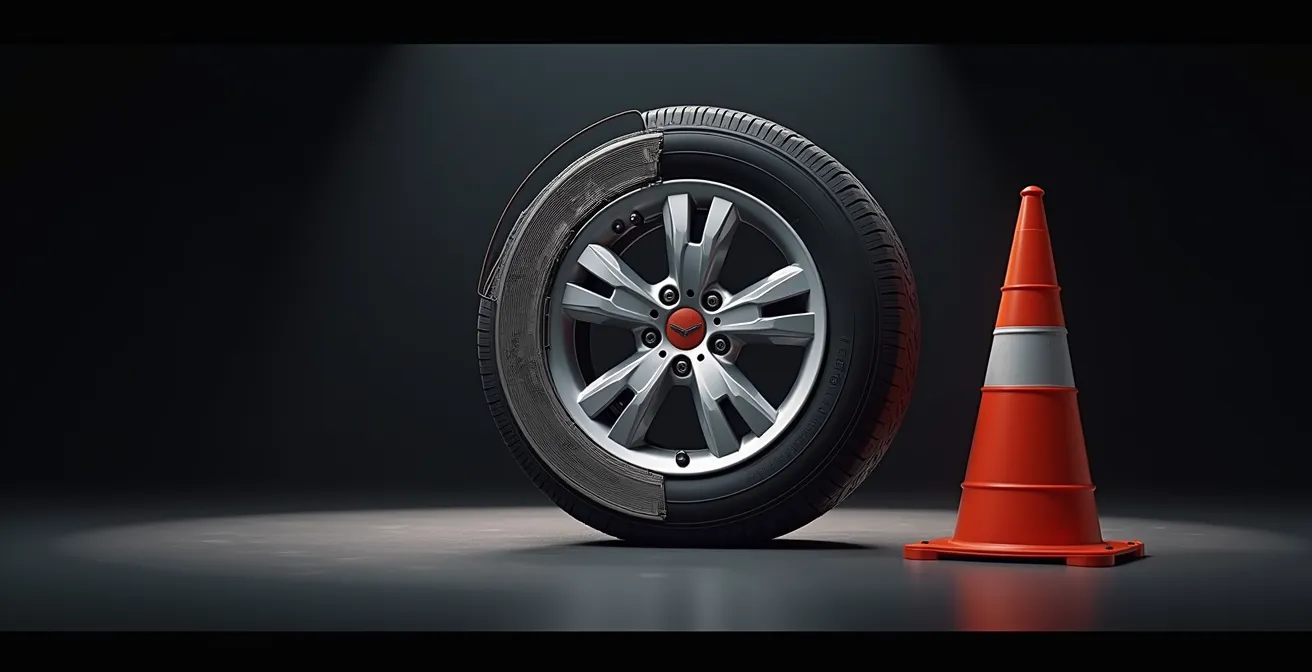 Coupe transversale montrant le phénomène de déjantage partiel d'un pneu tubeless