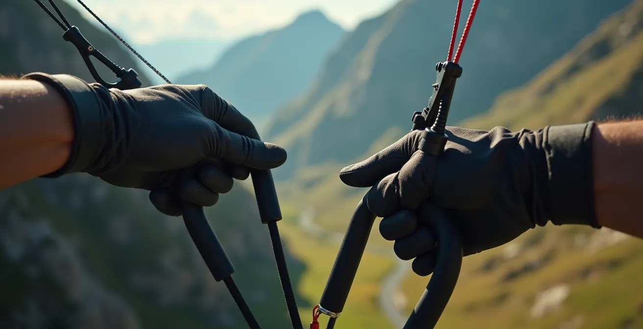 Gros plan sur les mains d'un pilote tenant les commandes de parapente avec une pression mesurée