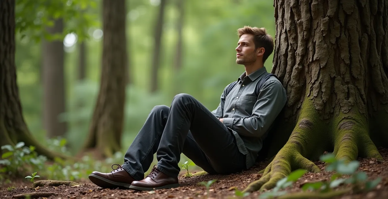 Observateur en position d'affût confortable avec appui naturel contre un arbre
