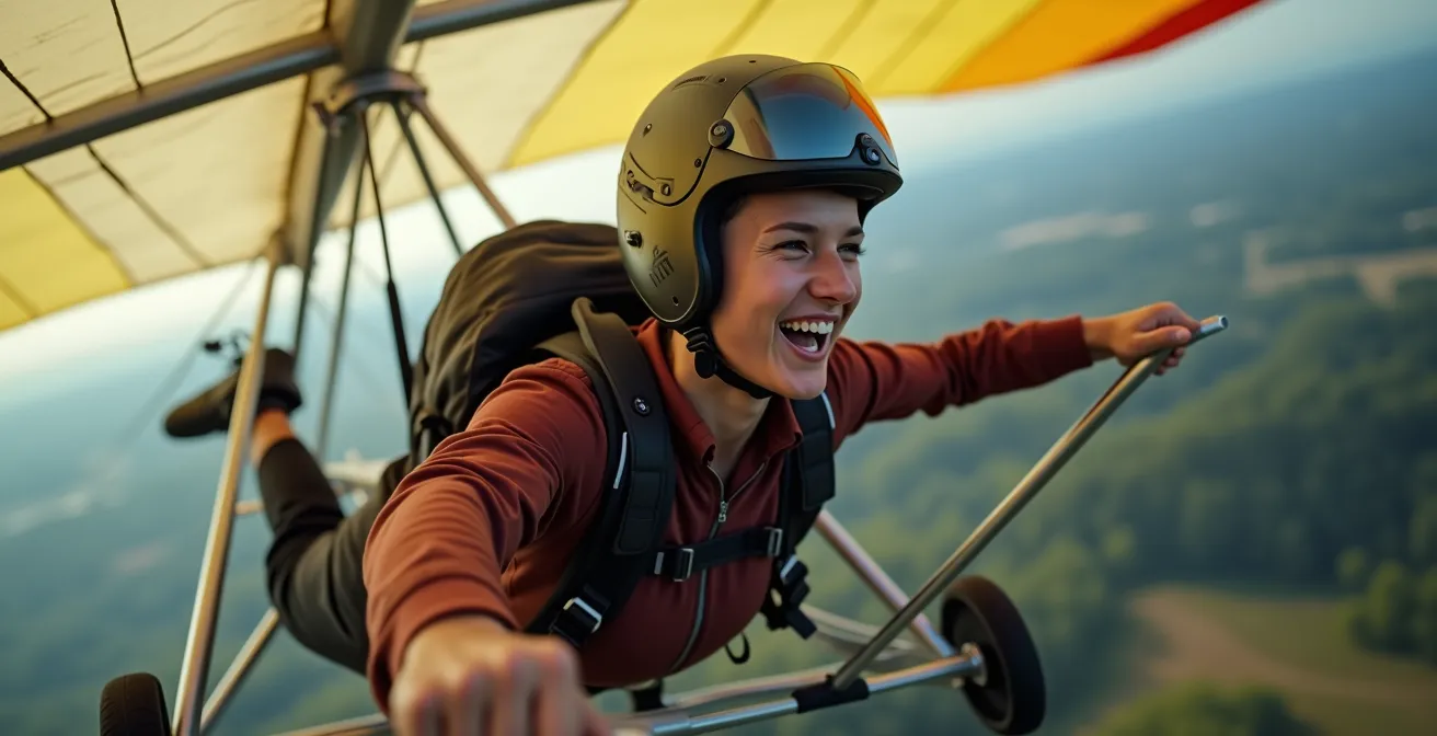 Pilote de deltaplane en position horizontale, vue de profil en plein vol