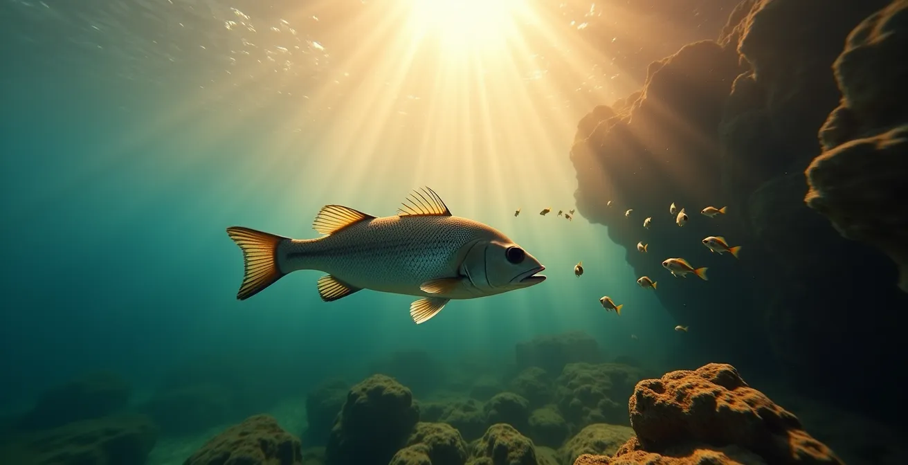 Scène sous-marine à l'aube montrant un bar chassant des petits poissons près de rochers côtiers