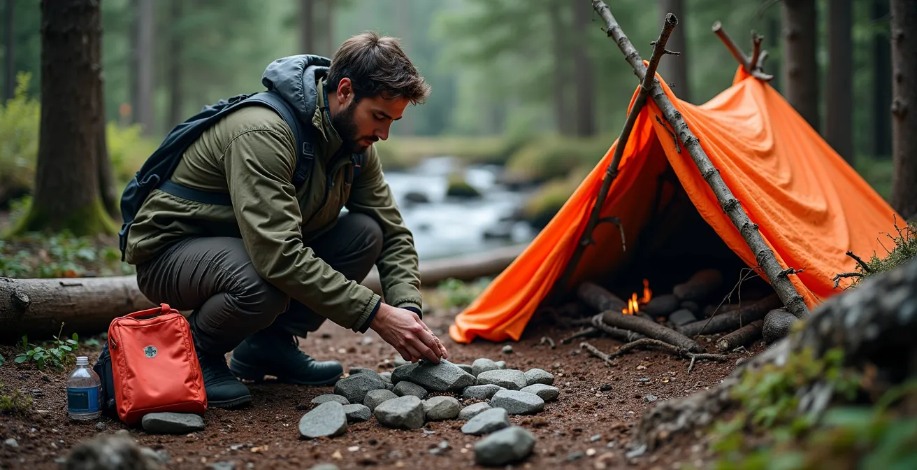 Scène de survie en montagne montrant les éléments essentiels : abri de fortune, feu et source d'eau