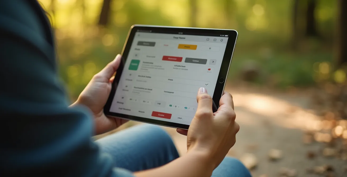 Personne remplissant discrètement un formulaire de santé sur tablette dans un cadre naturel