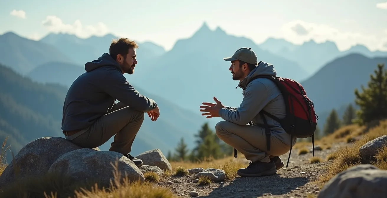 Randonneur communiquant calmement avec son guide lors d'une pause en montagne