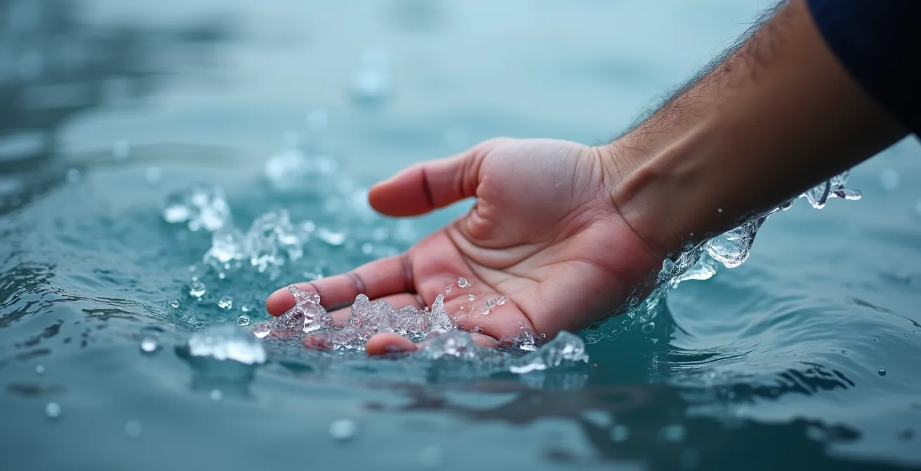 Vue macro d'une main de nageur touchant la surface de l'eau glacée avec condensation visible de la respiration