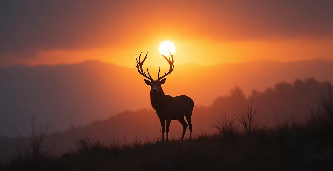 Silhouette majestueuse d'un cerf en contre-jour à l'aube avec brume dorée en forêt