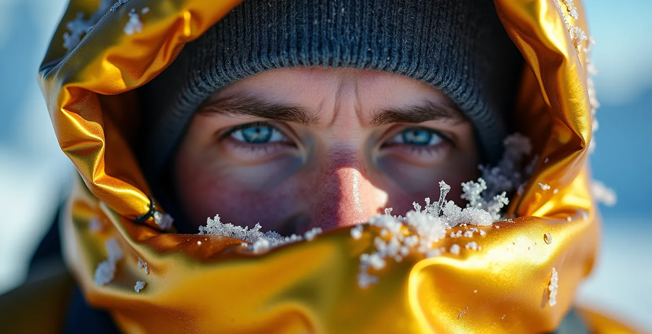 Alpiniste utilisant une couverture de survie en conditions extrêmes de haute montagne