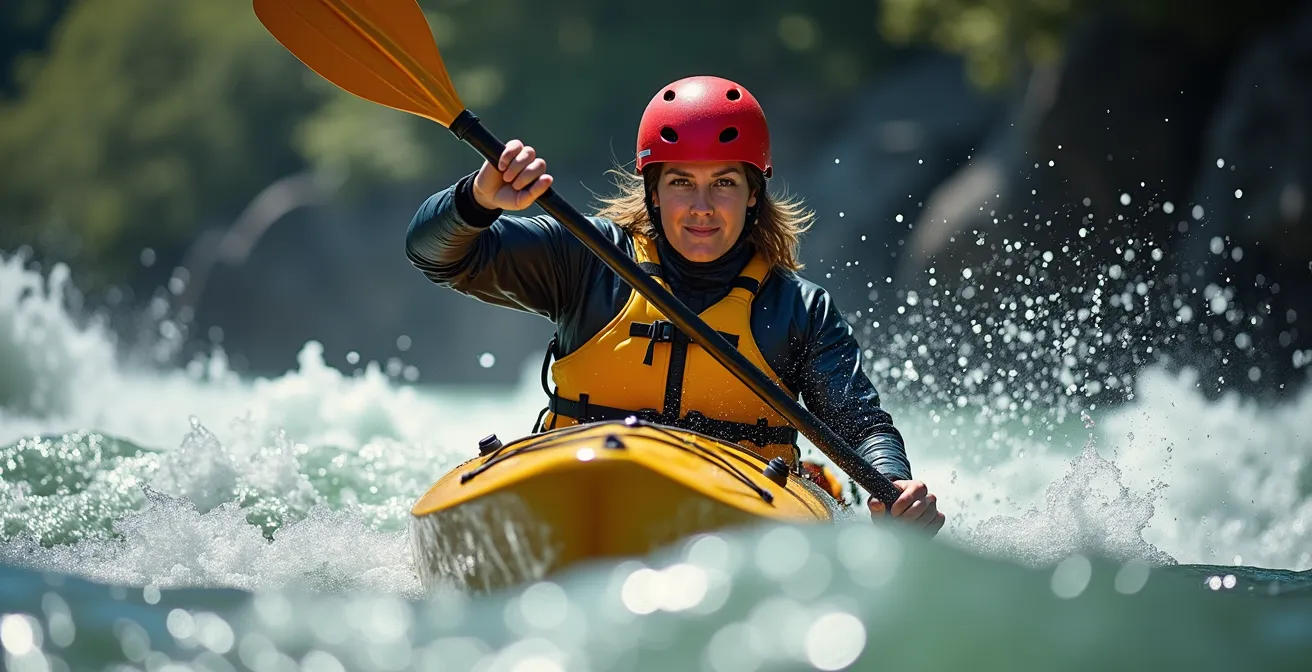 Kayakiste entrant dans un contre-courant avec gîte latérale prononcée