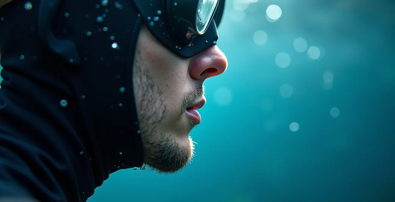 Gros plan sur un plongeur effectuant la manœuvre de Frenzel sous l'eau