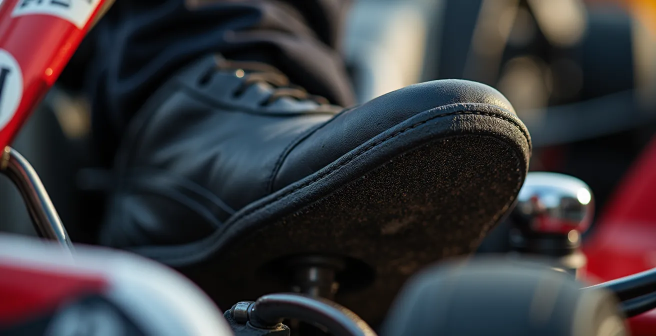 Vue macro du pied sur la pédale de frein d'un kart montrant la technique de freinage dégressif