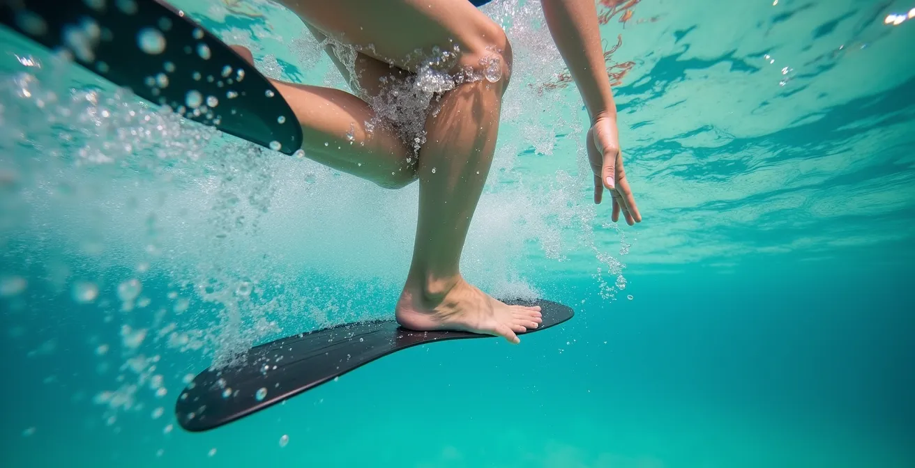 Démonstration du mouvement de palmage partant de la hanche avec jambes tendues sous l'eau