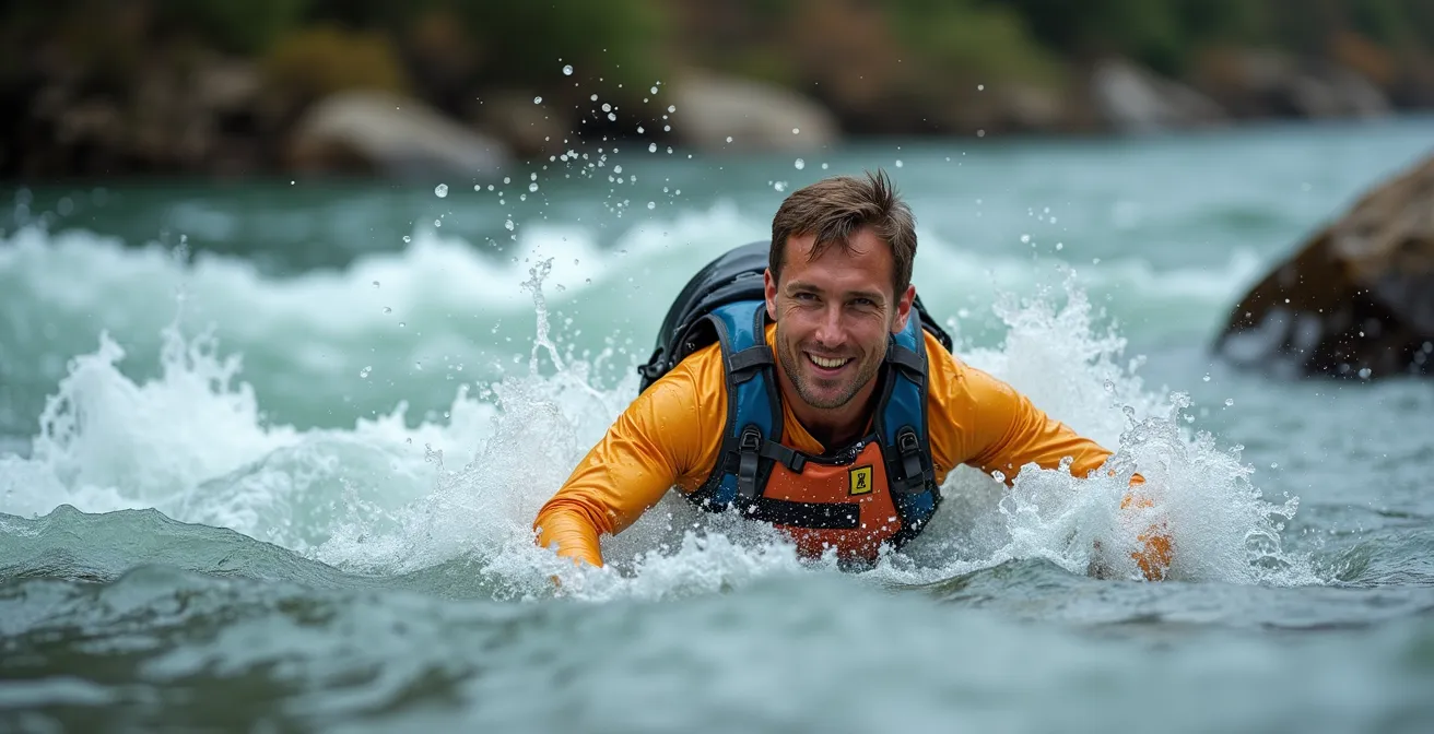 Randonneur démontrant la technique de traversée en bac dans une rivière, corps orienté à 45 degrés face au courant