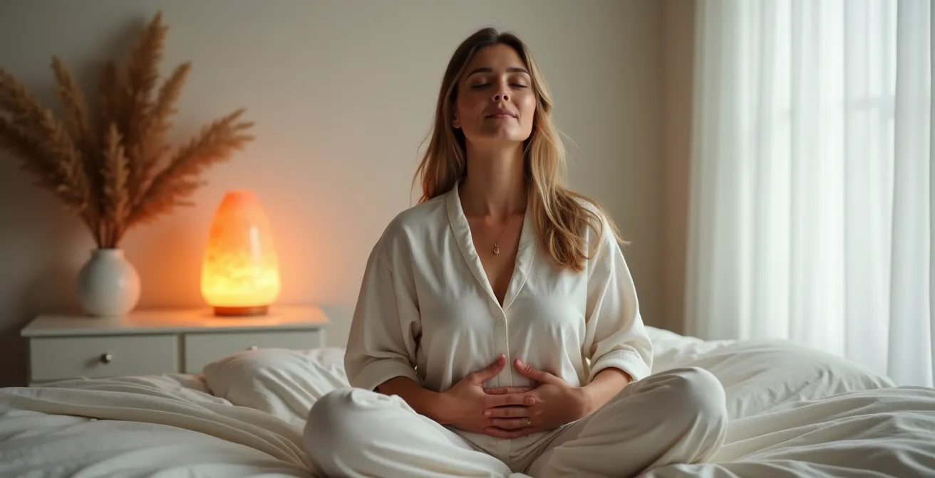 Personne pratiquant une respiration abdominale profonde dans un environnement apaisant avec éclairage tamisé