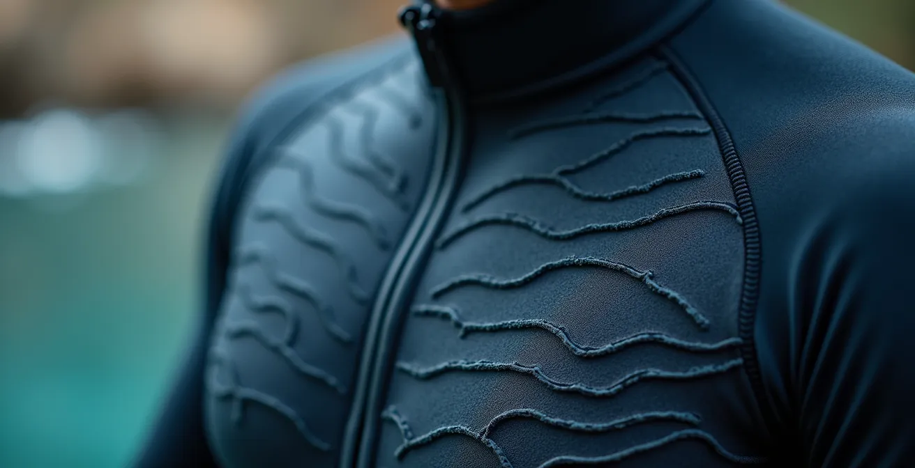 Gros plan sur le thorax d'un plongeur testant l'amplitude respiratoire dans une combinaison