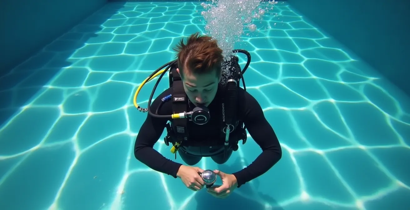 Plongeur en piscine effectuant un test de lestage avec une combinaison étanche