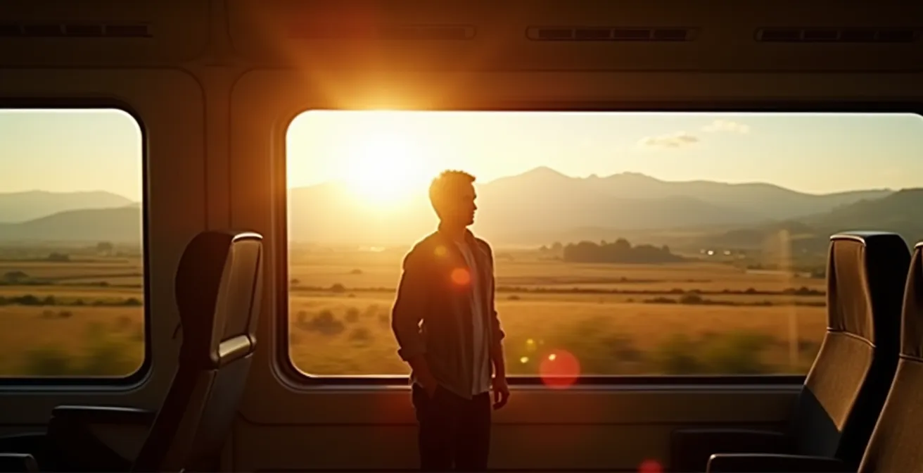 Voyageur contemplant le paysage depuis la fenêtre d'un train traversant la campagne
