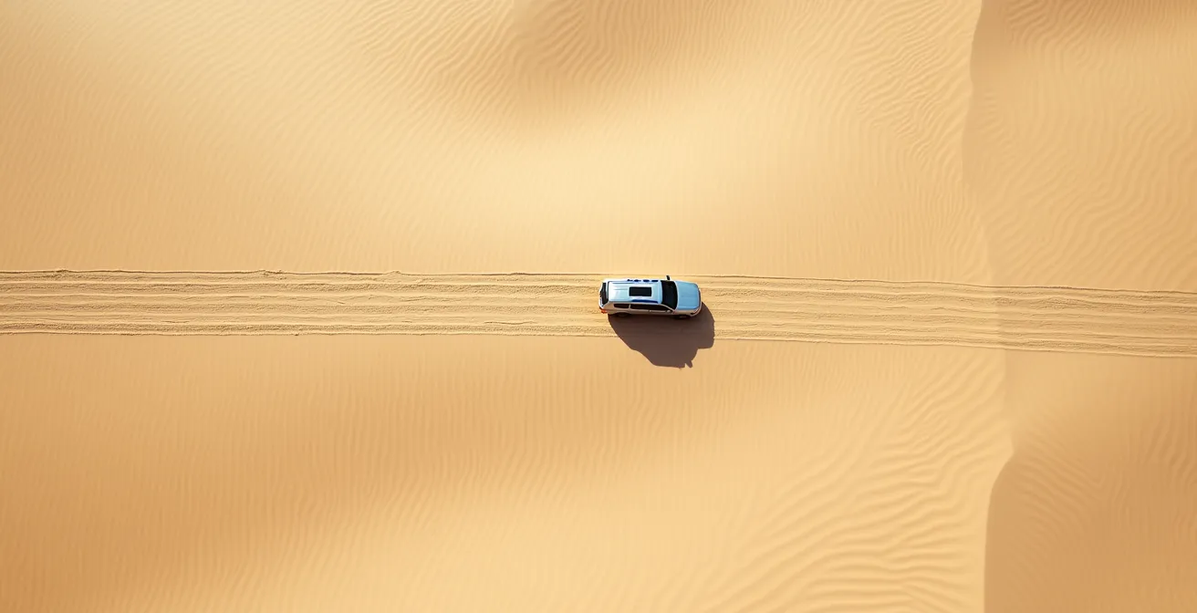 Vue aérienne d'un 4x4 négociant un virage large dans le sable avec traces de roues visibles