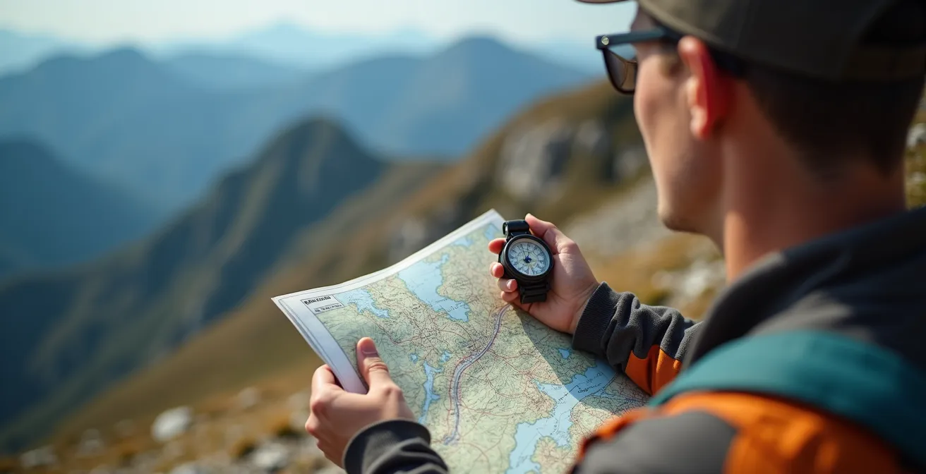 Randonneur effectuant une triangulation avec carte et boussole sur un sommet avec vue panoramique